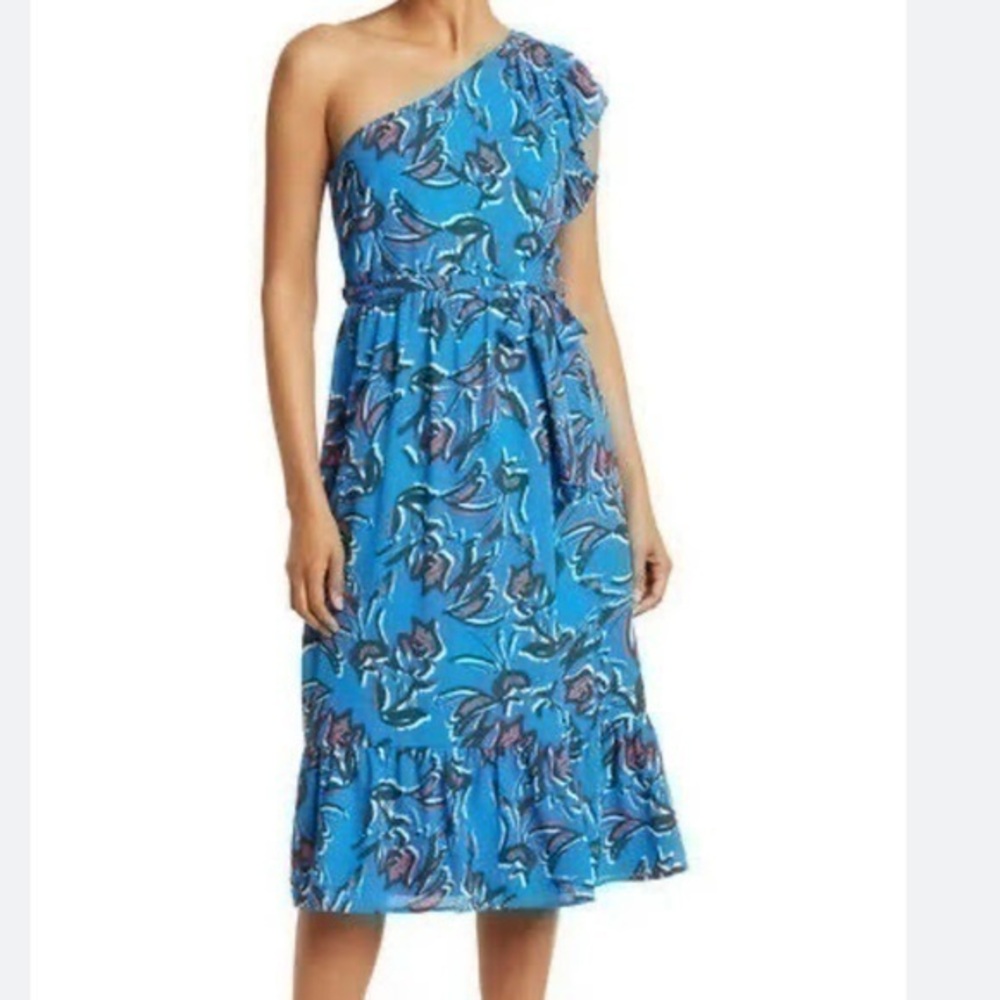 Collective Concepts Sophia One Shoulder Midi Dress Size M Blue Floral